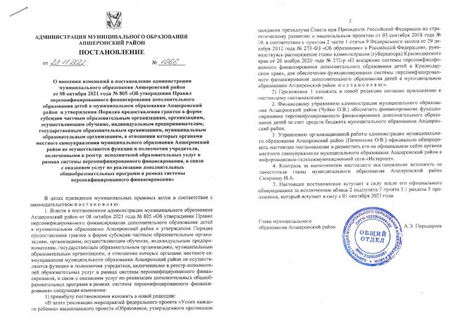 Постановление администрации муниципального образования Апшеронский район от 28.11.2022 № 1066